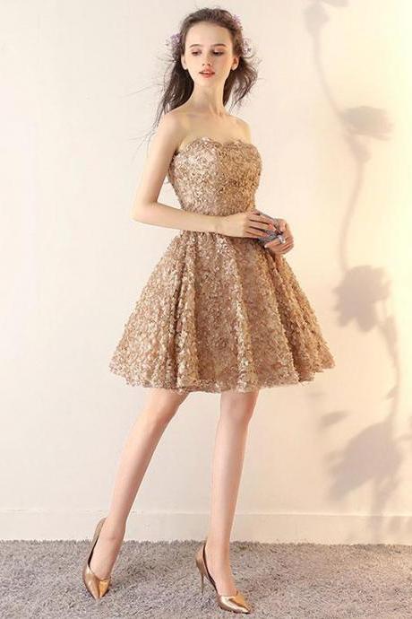 Champagne 3d Lace Applique Short Prom Dress,evening Dress