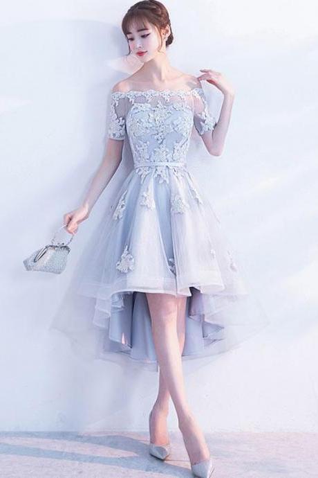 Gray A-line High Low Tulle Prom Dress,gray Bridesmaid Dress