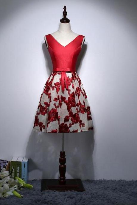 Red A-line V Neck Short Prom Dress,homecoming Dress