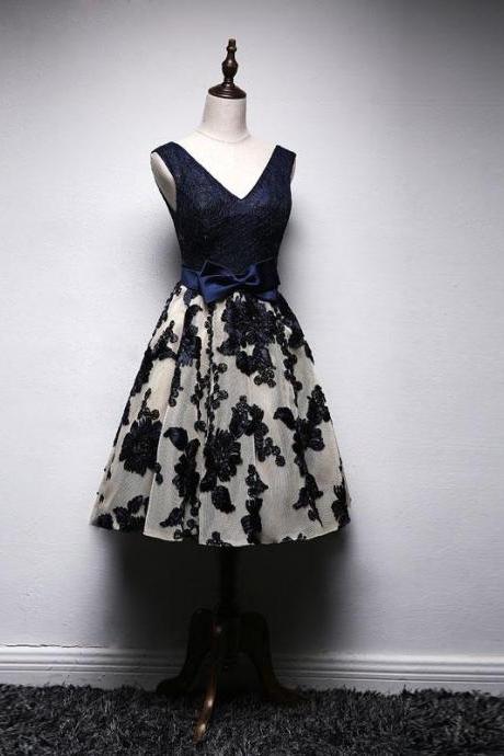 Dark Blue Lace V Neck Short Prom Dress,homecoming Dress
