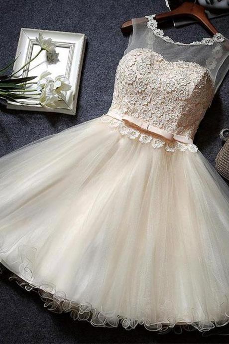 Cute Champagne A Line Lace Short Prom Dress,homecoming Dress
