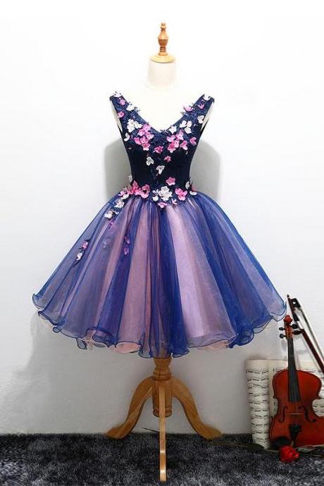 Navy Blue V Neck Short Prom Dress,cute Homecoming Dress