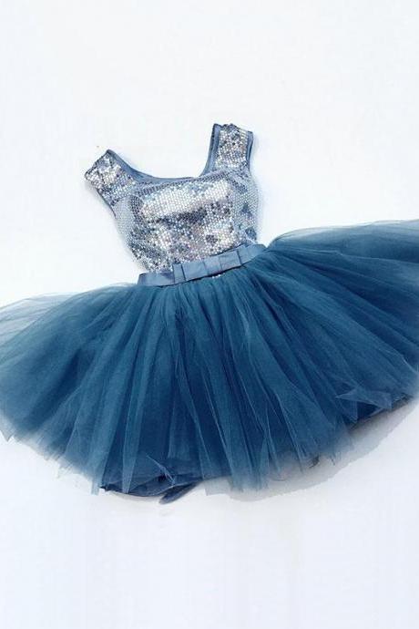Blue Round Neck Tull Sequins Short Prom Dress,blue Evening Dress