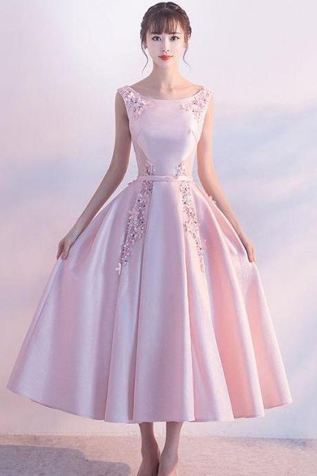 Pink Satin Lace Tea Length Prom Dress,pink Evening Dress