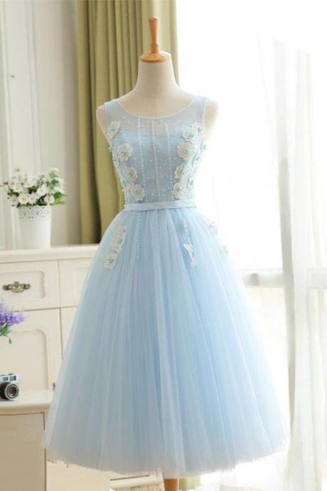 Cute Sky Blue Lace Tulle Short Prom Dress,homecoming Dress