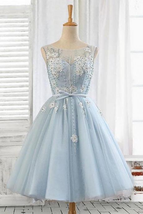 Cute A Line Light Blue Lace Tulle Short Prom Dress,homecoming Dress