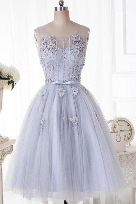 Cute Gray Round Neck ?lace Tulle Short Prom Dress,homecoming Dress