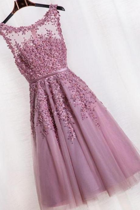 Cute Pink Lace Tulle Short Prom Dress,pink Evening Dress