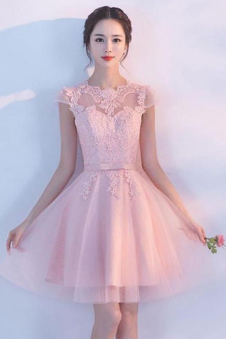 Pink A Line Tulle Lace Short Prom Dress,homecoming Dress