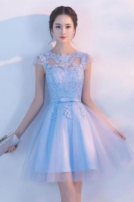 Light Blue A Line Tulle Lace Short Prom Dress,homecoming Dress