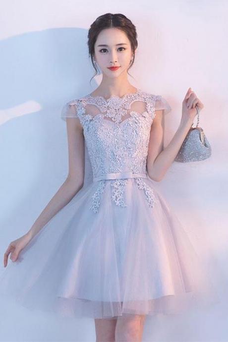 Gray A Line Tulle Lace Short Prom Dress,homecoming Dress