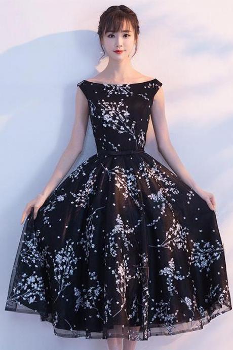 Simple Black Tulle Tea Length Prom Dress,black Evening Dress