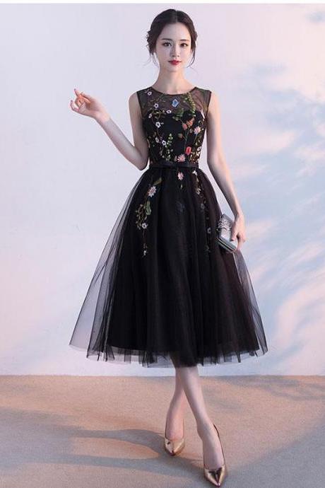 Black Round Neck Lace Tulle Short Prom Dress,black Evening Dress