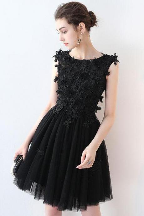 Black round neck lace mini prom dress,homecoming dress