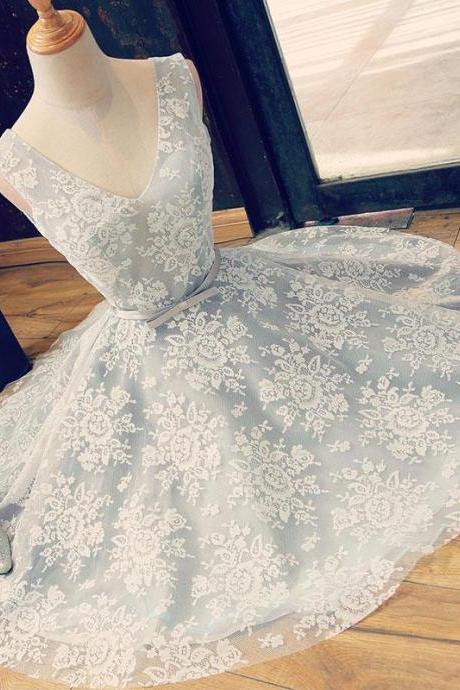 Cute V Neck Lace Short Prom Dress,lace Evening Dress