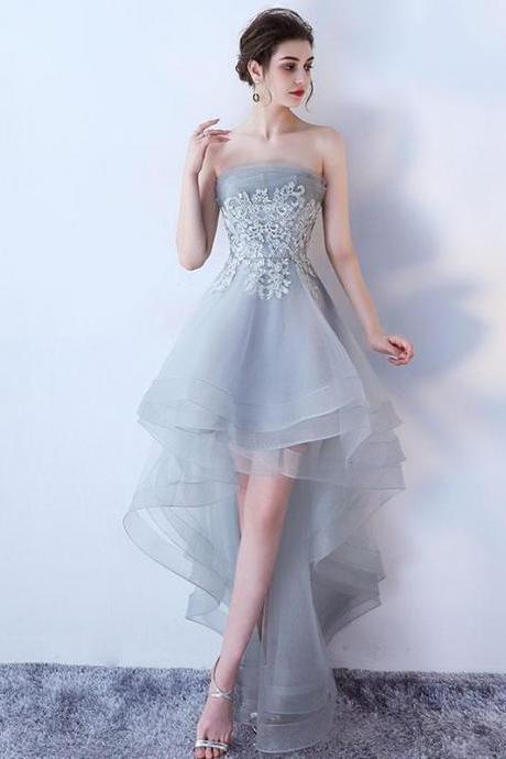 Gray Tulle Lace High Low Prom Dress,cute Homecoming Dress