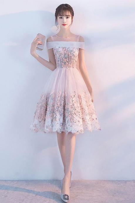 Pink lace applique short prom dress,pink homecoming dress
