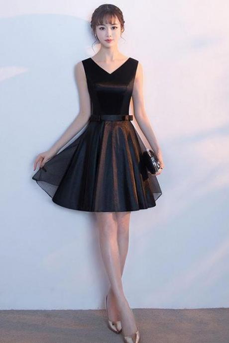 Cute Black V Neck Short Prom Dress With Bow,homecoming Dress