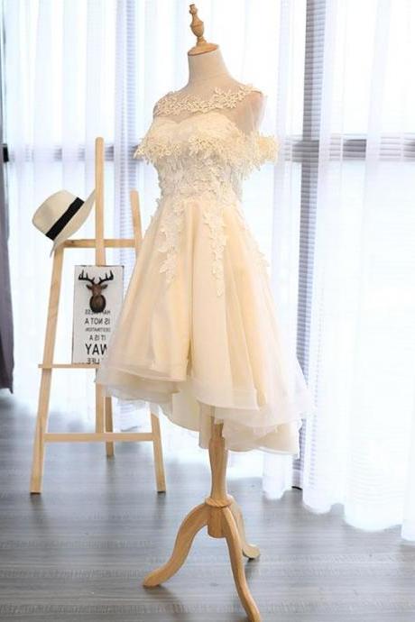 Champagne Round Neck Lace Tulle Short Prom Dress,homecoming Dress