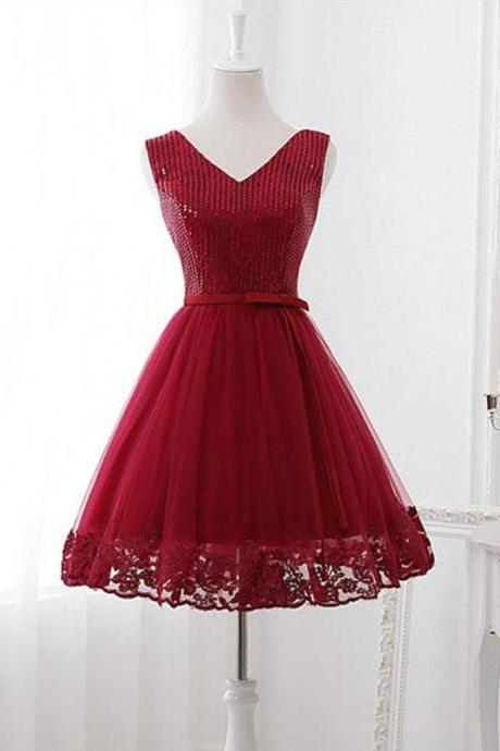 Cute V Neck Sequins Tulle Short Prom Dress,homecoming Dress