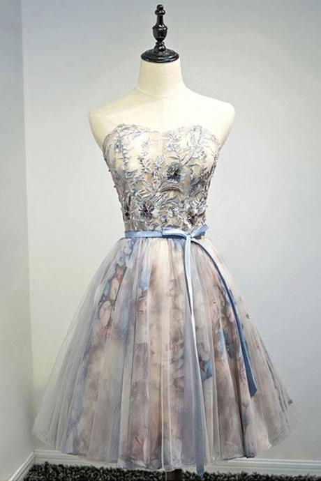Gray Sweetheart Neck Tulle Lace Short Prom Dress,homecoming Dress