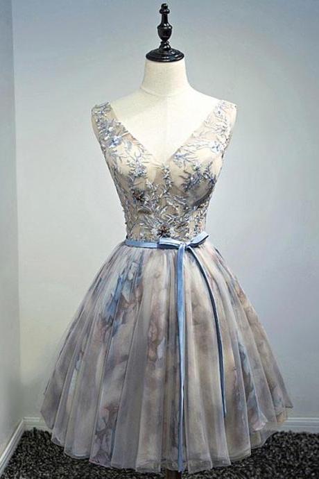 Gray V Neck Tulle Lace Short Prom Dress,homecoming Dress