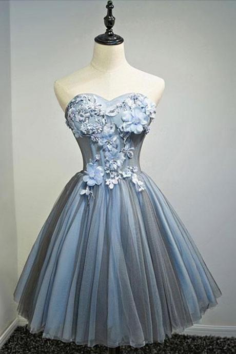 Gray Blue Sweetheart Neck Tulle Short Prom Dress,homecoming Dress