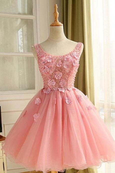 Cute A Line Pink Tulle Pearl Short Prom Dress,homecoming Dress