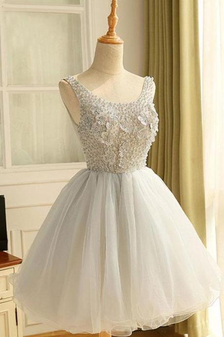 Cute A Line Gray Tulle Pearl Short Prom Dress,homecoming Dress