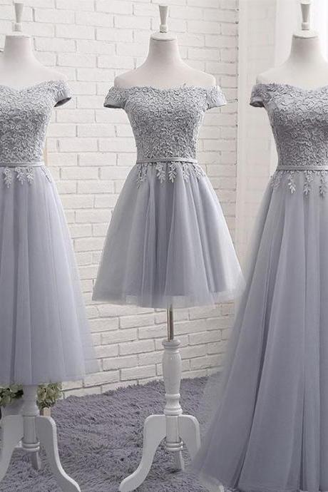 Gray A Line Lace Off Shoulder Prom Dress,lace Evening Dresses