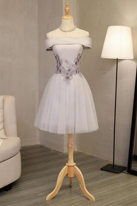 Gray A Line Off Shoulder Knee Length Prom Dress,lace Evening Dress