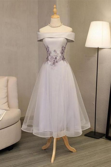 Gray A line off shoulder tea length prom dress,lace evening dress