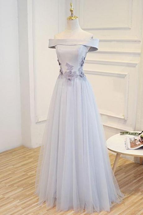 Gray A Line Off Shoulder Floor Length Prom Dress,lace Evening Dress