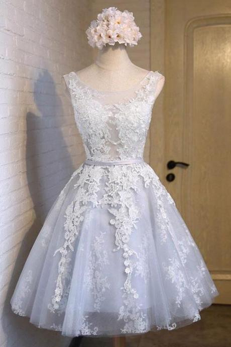 Gray Tulle Lace Applique Short Prom Dress,gray Bridesmaid Dress