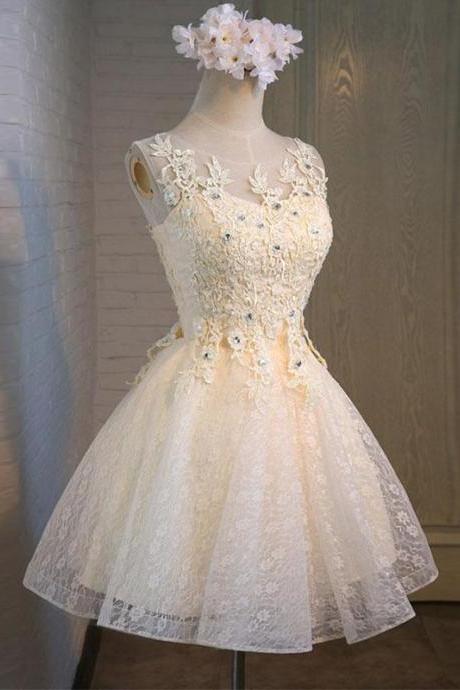 Champagne Lace Round Neck Short Prom Dress,bridesmaid Dress