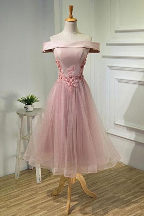 Pink A Line Off Shoulder Tea Length Prom Dress,lace Evening Dress