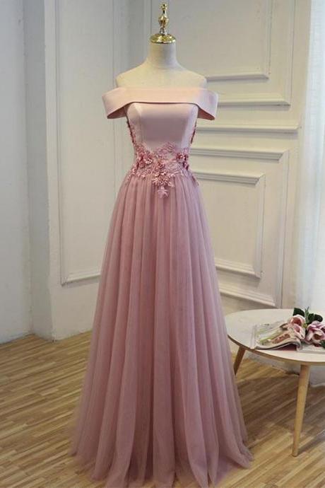 Pink A Line Off Shoulder Floor Length Prom Dress,lace Evening Dress