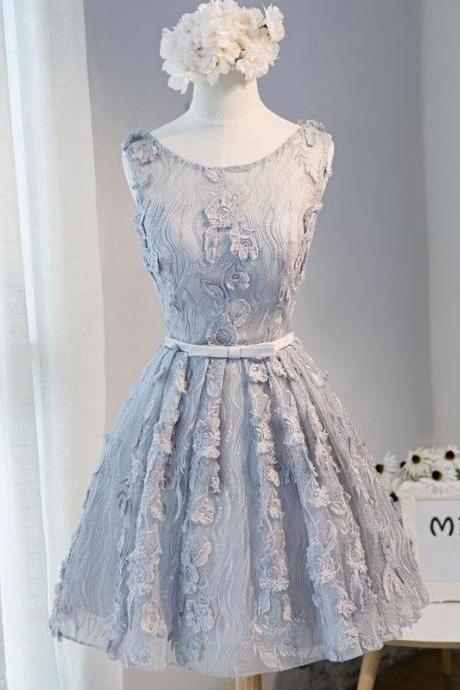 Gray round neck lace short prom dress,cute homecoming dress