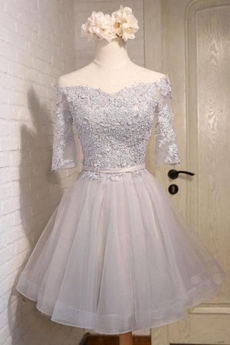 Gray Tulle Lace Applique Short Prom Dress,gray Homecoming Dress