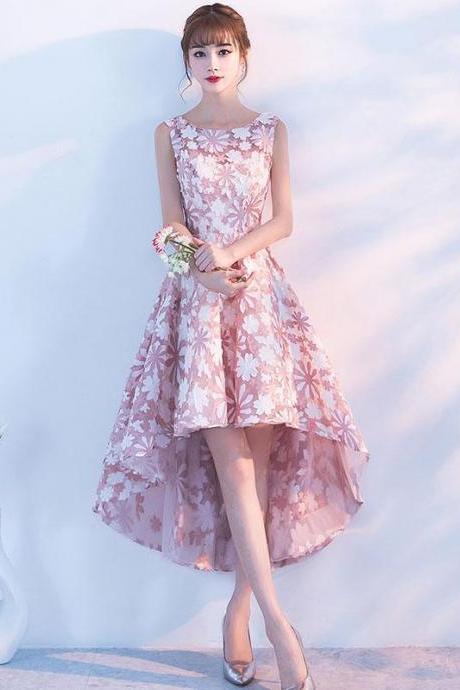 Pink high low short prom dress,champagne evening dress
