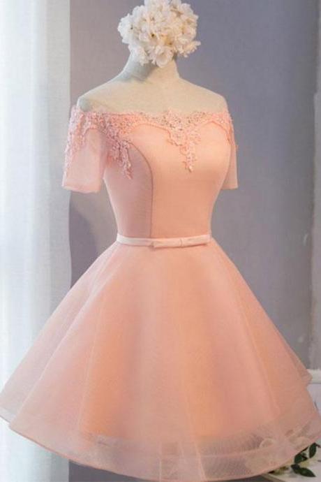 Pink A-line Tulle Short Sleeve Lace Short Prom Dress,formal Dress