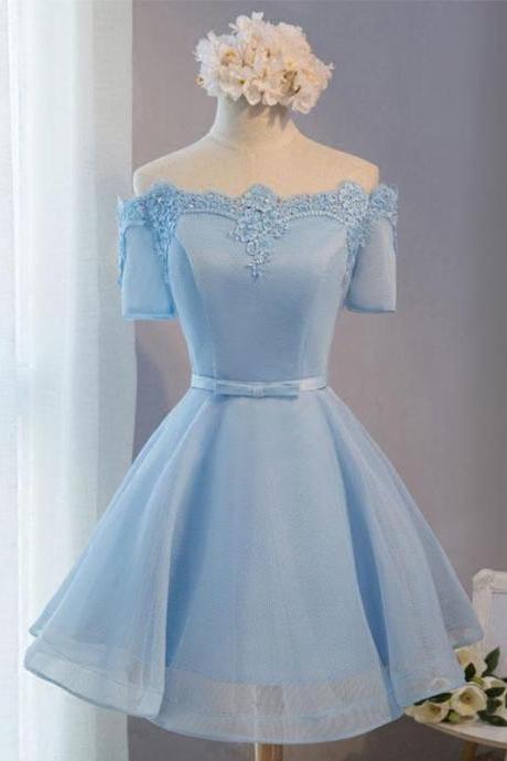 Blue A-line Tulle Short Sleeve Lace Short Prom Dress,formal Dress