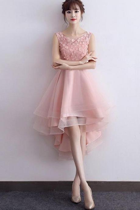 Pink A-line Tulle High Low Prom Dress,pink Evening Dress