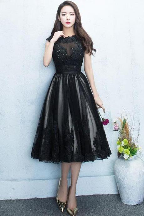 Black Round Neck Lace Tulle Short Prom Dress,black Evening Dress