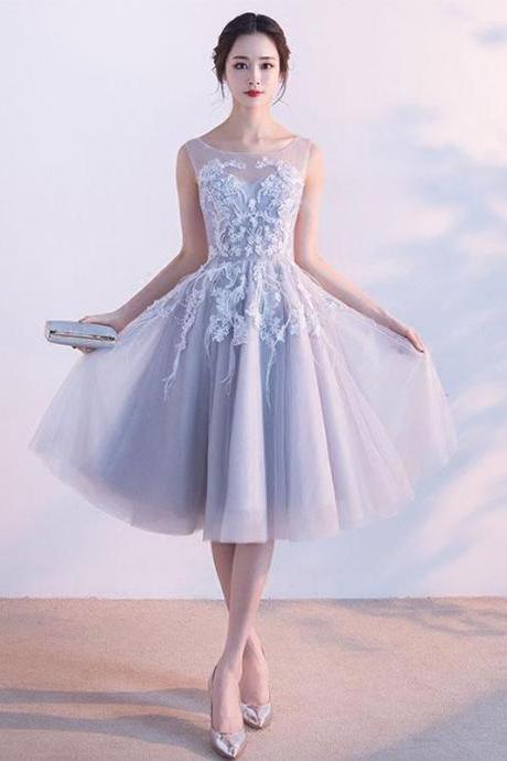 Gray A-line Tulle Lace Short Prom Dress,gray Evening Dress