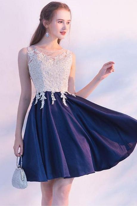 Navy Blue Round Neck Lace Short Prom Dress,homecoming Dress