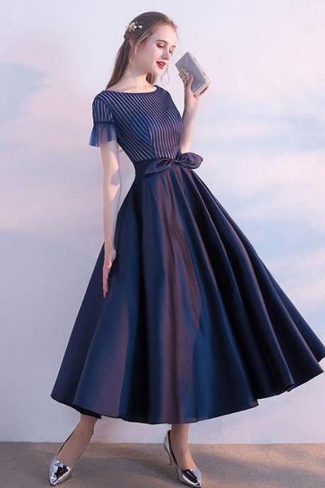 Unique Dark Blue Tea Length Prom Dress,homecoming Dress