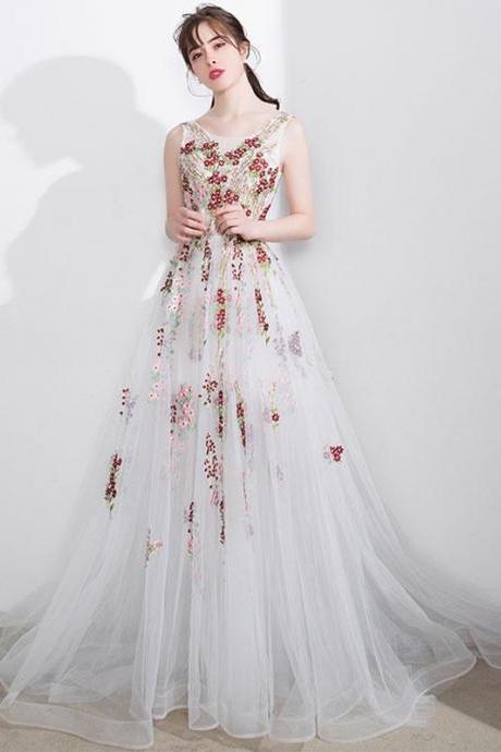 White A Line Lace Tulle Floor Length Prom Dress,white Evening Dress