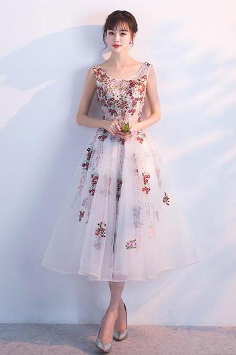 White A Line Lace Tulle Tea Length Prom Dress,white Evening Dress