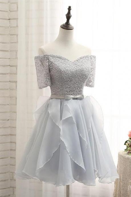 Cute Gray Lace Sleeve Short Prom Dress,homecoming Dresses
